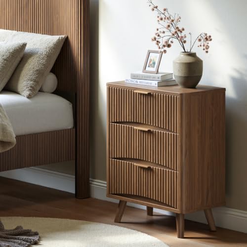 Evermagin 29" Tall Fluted Nightstand Set of 2 with 3 Drawers | Walnut Night Stand, Wooden Bedside Table, Mid Century Modern Side Table for Bedroom, livingroom - color: Walnut, size: 13.78"D x 23.62"W x 29.35"H (3 Drawers)