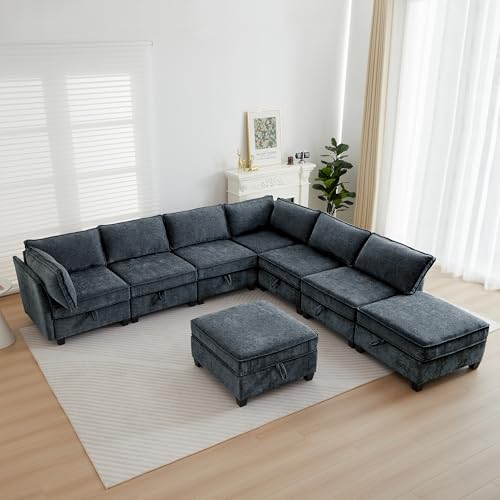 L Shaped Couch with Storage, Modular Sectional L Sleeper Sofa Cama Moderno Sets for Home Living Room, Lounge Sofa Couch Sectional Convertible for Bedroom, Office - color: Navy Blue, size: L Shaped-4+3