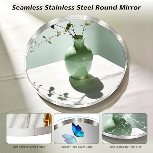 30-Inch Circle Mirro Brushed Nickel Silver Wall Mounted Round Mirror, Glass Panel Circle Deep Set Design Stainless Steel Framed Mirror for Bathroom Vanity, Entryways, Living Rooms - size: 30"L x 30"W