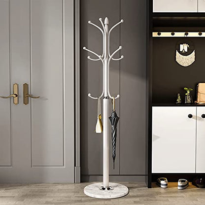 Kertnic Freestanding Coat Rack Stand, Heavy Duty Metal Hall Tree with 12 Hooks, 70 Inch Tall Stable Coat Hanger with 14.6" Natural Marble Base, Entryway Organizer for Coats Bags Hats Purses (White) - color: White