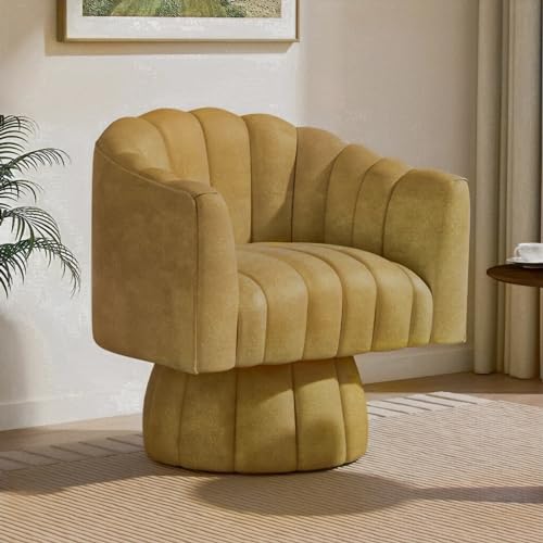 Dewhut Swivel Accent Chair, Barrel Accent Chair, Faux Leather,Mustard | Faux leather Upholstered Round Arm Chair with 360° Swivel Base, Mid Century Modern Living Room Chair - color: Mustard-faux Leather
