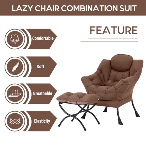 Lazy Chair with Ottoman, Comfy Accent Reading Chair, Dark Brown | Foldable Footrest,Removable Cover,with Armrests and Side Pockets,Upholstered Lounge Chair for Bedroom,Dorm,Office,Small Space - color: Dark Brown