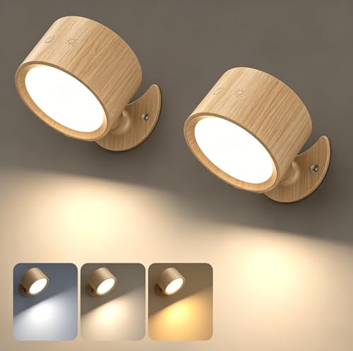 LED Wall Sconces, 160H Battery Life, Rechargeable Cordless Mounted Lights, 3 Color & 4 Brightness Level & 360°Rotate Magnetic Ball & Touch or Remote, for Reading Bedroom (Wood) - color: Wood