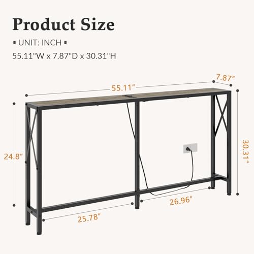 Gewudraw Narrow Console Table with Socket, Sofa Table Behind Couch | 55.1" Couch Table, Industrial Style, Long Skinny Design,For Hallway,Living Room,Bedroom, Built-In Outlets & USB,140cm Length - color: Light Grapefruit, size: 55.1 in
