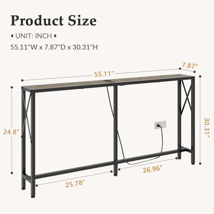 Gewudraw Narrow Console Table with Socket, Sofa Table Behind Couch | 55.1" Couch Table, Industrial Style, Long Skinny Design,For Hallway,Living Room,Bedroom, Built-In Outlets & USB,140cm Length - color: Light Grapefruit, size: 55.1 in