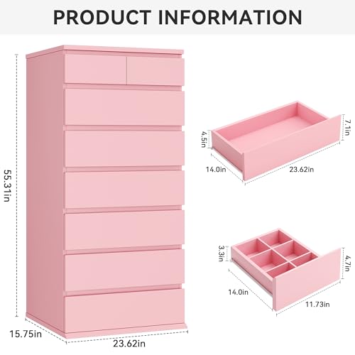 Jocoevol Pink Tall 8 Drawer Dresser for Bedroom,Dressers & Chests of Drawers with Jewelry Storage,Wood Storage Dresser with Deep Drawers for Living Room Hallway Entryway(55.3" L*23.6" W*15.7") - color: Pink