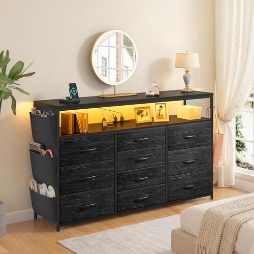 EnHomee Dresser with 10 Drawers, LED TV Stand for 55" TV with Power Outlets | Chest of Drawers with Side Pockets and Shelves, Metal Frame and Sturdy Wood for Bedroom, Hallway, Black - color: Black