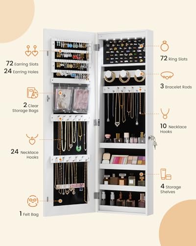 HNEBC Jewelry Cabinet with Lights,Wall Mounted Jewelry Organizer with Full-Length Mirror,Over The Door Hanging Jewelry Armoire Storage Cabinet,Lockable,Gift Idea,White - color: 21-White