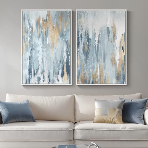 Large White Framed Blue and Gold Abstract Wall Art for Living Room, 24x36 | 2 Piece, Canvas prints, Navy blue paintings, Modern minimalist artwork, Glitter pictures, Dining room bedroom wall decor - color: Blue Flow, size: 24" W x 36" H x 2Pcs
