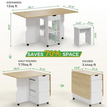 Mondeer 55" Folding Dining Table and Chairs Set 4, Cushioned Stools | 2 Drawers, Storage Shelves, Space Saving Table and Chairs for Kitchen Dining Room Small Spaces, Oak and White - color: Oak and White