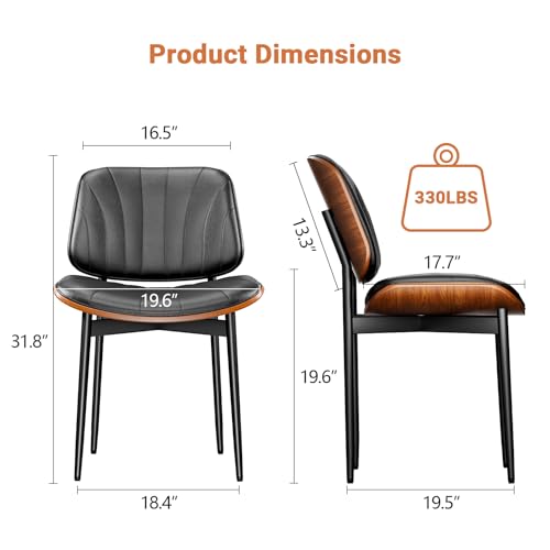 YaFiti Mid Century Dining Chairs Set of 2 with Walnut Bentwood, Black | Ergonomic Walnut Backrest, Upholstered Waterproof PU Leather Seat, Stable Metal Legs, Adjustable Footpads, Apartment Friendly - color: Black Scallop