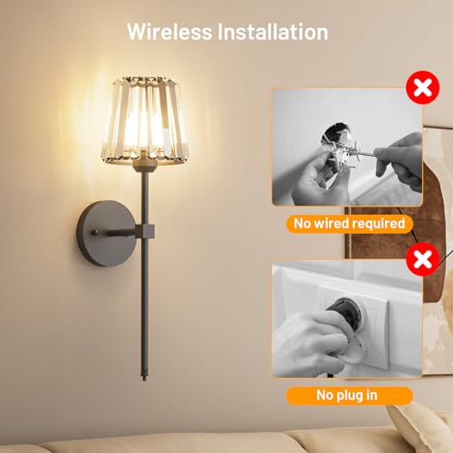 Crystal Battery Operated Wall Sconces Set of 2, Black Rechargeable Wireless Wall Sconce Lights with Crystal Lampshade, 12 RGB and 3CCT Dimmable Wall Lamps with Remote for Bedroom Living Room Hallway - color: Black
