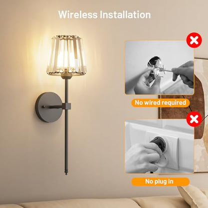 Crystal Battery Operated Wall Sconces Set of 2, Black Rechargeable Wireless Wall Sconce Lights with Crystal Lampshade, 12 RGB and 3CCT Dimmable Wall Lamps with Remote for Bedroom Living Room Hallway - color: Black