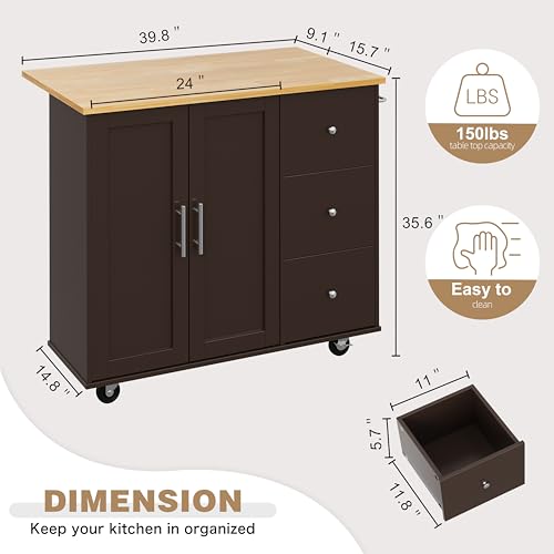 Shintenchi Kitchen Island with Folding Drop Leaf, Rolling Island Table with Storage, Kitchen Cabinet on Wheels with Seating Area for Kitchen, Bar Cart with Cabinet, Brown - color: Brown