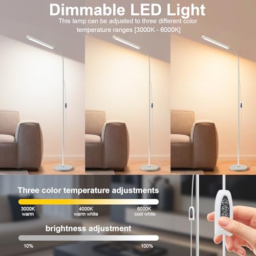 White LED Reading Floor Lamp, Bright 12W Dimmable Standing Light, Adjustable Gooseneck,3 Color Temperatures 5 Gears Brightness, Living Room Bedroom office Library Work makeup tattoo lash Desk Lamp - color: White