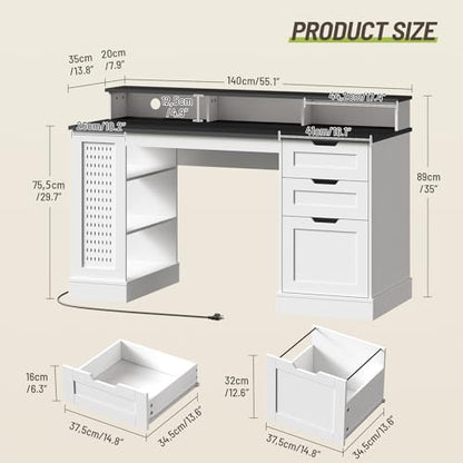 55-Inch Farmhouse Executive Desk with 2 Drawers and File Cabinet, Computer Desk with 3-Tier Storage Shelves, Home Office Desk with Charging Station, Pegboard and Monitor Shelf, White and Black - color: White and Black