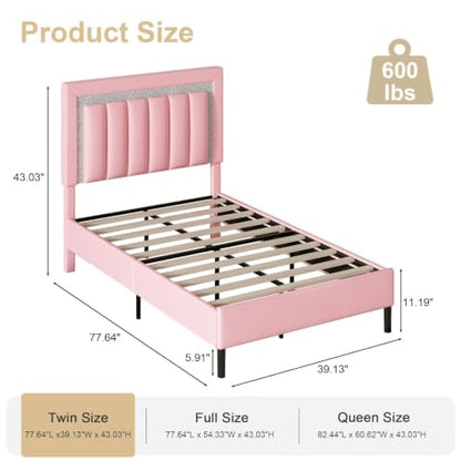 HOMBCK Twin Bed Frames with Faux Leather Upholstered Headboard | Twin Bed Frame with Diamond Vertical Design, No Box Spring Needed, Under Bed Storage, Easy Assembly, Pink - color: Pink, size: Twin