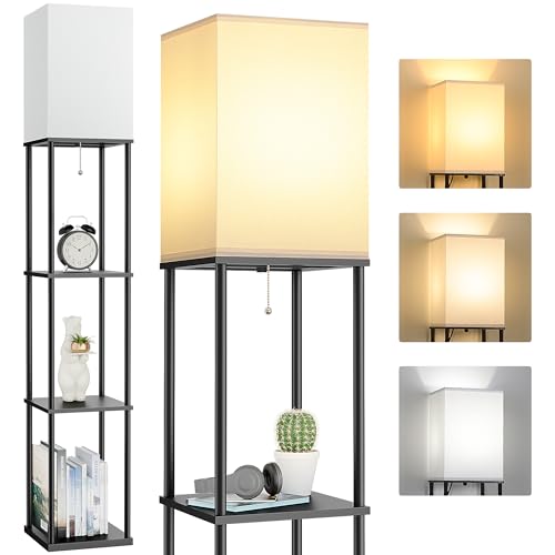 Floor Lamp with Shelves, 3-Tier Modern Square Bookshelf Standing Lamp Black | 3 Color Temperature Bulb Included, Pull Chain Tall Lamp for Living Room Bedroom Corner Office Apartment Decor - color: Black