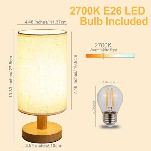 Small Bedside Table Lamp for Bedroom, Minimalist Wood Base & Round Fabric Shade, Mini Cute Cozy Warm White Nightstand Boho Lamp, Study Desk Night Stand Light for Room, Dorm, Nursery, Living Room - size: Cylinder - Set of 1