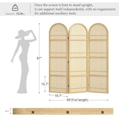 Rattan Room Divider with Built-in Bookshelf | Foldable Privacy Screen & Portable Partition for Home Office, Bedroom, Reading Nook | Wooden Frame, Freestanding Design (Natural-Rattan) - color: Natural-rattan