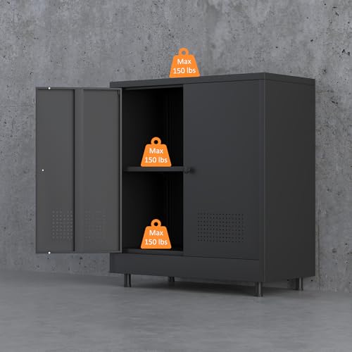 Metal Storage Cabinet with 2 Doors and Adjustable Shelf, Steel Accent Sideboard Buffet Cabinet for Home, Office, Garage, Entryway, Living Room, Kitchen Pantry and Dining Room (Black) - color: Black