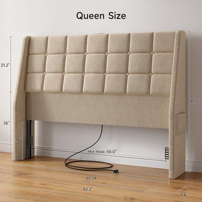 Ergonomic Upholstered Headboard Queen Size w/Charging Station, Linen Wingback Headboards w/Storage Pocket, Queen Headboard Only, Bed Frame Adapters, Sturdy Stable Solid Wood Bed Head Board, Beige - color: Beige, size: Queen