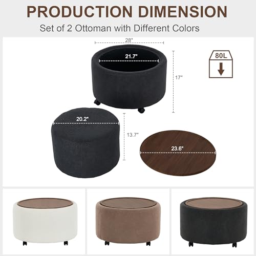 28 Inch Round Storage Ottoman with Wheels Set of 2, Multifunctional Coffee Table Ottoman with Removable Solid Wood Lid, Modern Circle Ottoman Foot Rest for Living Room, Bedroom, Dark Gray - color: Dark Gray