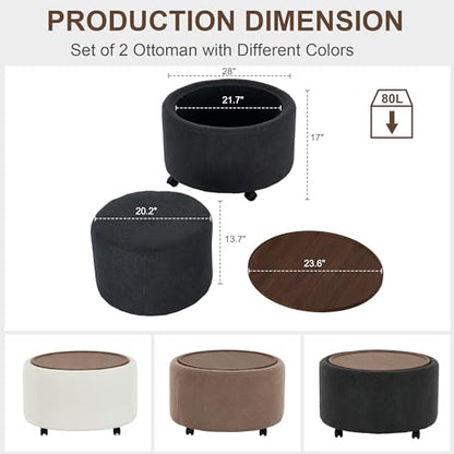 28 Inch Round Storage Ottoman with Wheels Set of 2, Multifunctional Coffee Table Ottoman with Removable Solid Wood Lid, Modern Circle Ottoman Foot Rest for Living Room, Bedroom, Dark Gray - color: Dark Gray