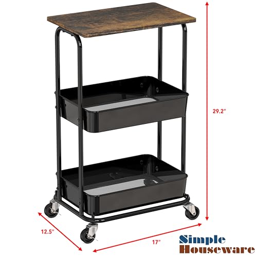 Simple Houseware 2-Tier Utility Cart Wood Top/Lockable Wheel, Rustic Brown | 2-Tier Metal Storage Organizer Trolley for Kitchen, Bathroom, Office, Craft Room - color: Rustic Brown