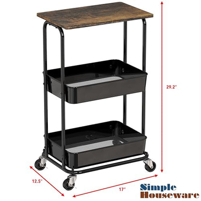 Simple Houseware 2-Tier Utility Cart Wood Top/Lockable Wheel, Rustic Brown | 2-Tier Metal Storage Organizer Trolley for Kitchen, Bathroom, Office, Craft Room - color: Rustic Brown