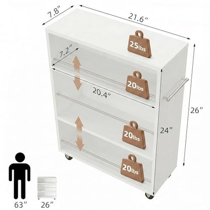 ALBAD Slim Rolling Cart,4-Tier Storage Cart with Wheels,7.9”W Slim Storage Cart with Handle for Kitchen Laundry Narrow Places Bathroom Dining Room Small Spaces | 4 adjustable MDF shelves (20 lbs each), 360° casters + side handle, Fits kitchen, laundry, ba