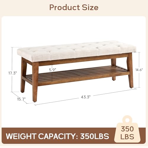 HUIMO Upholstered Entryway Shoe Bench, Button Tufted End of Bed Bench,Beige | with Solid Wood Slatted Shelf, Padded Ottoman Bench for Bedroom, Living Room, Entryway - color: Beige, style: French Country