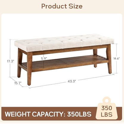 HUIMO Upholstered Entryway Shoe Bench, Button Tufted End of Bed Bench,Beige | with Solid Wood Slatted Shelf, Padded Ottoman Bench for Bedroom, Living Room, Entryway - color: Beige, style: French Country