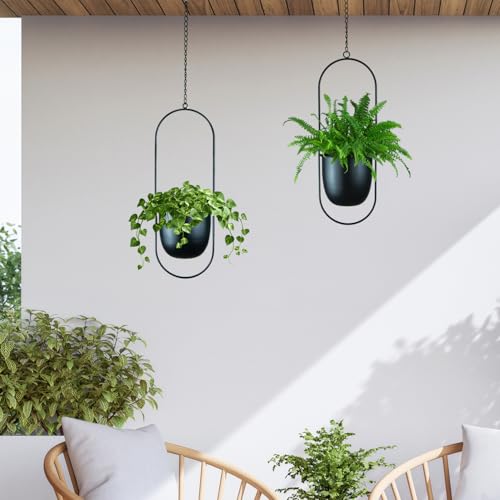 Modern Metal Hanging Planters with 6 Inch Pots and Sturdy Rods - Set of 2 Oval Geometric Plant Hangers - Black Wall and Ceiling Mount Flower Holders for Indoor and Houseplants - size: OVAL-6 INCH POT