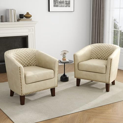 Faux Leather Accent Chair, Modern Barrel Club Chair, Beige | Comfy Upholstered Armchair for Living Room, Round Club Chair Single Sofa Bedroom Reading Seat | 26"D*29"W*29"H - color: Beige