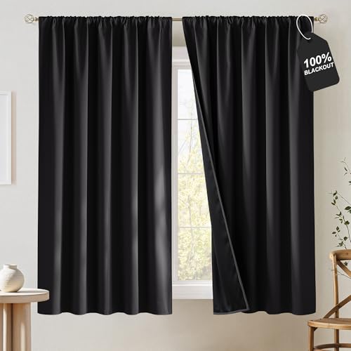 NICETOWN Black Out Curtains 63 inch Long, Rod Pocket 100% Blackout Window Treatment Thermal Curtains Room Darkening Drapes for Bedroom, W52 x L63, 2 Panels - color: Black, size: 52"W x 63"L (Pack of 2)
