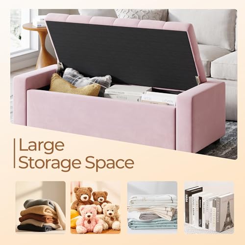 Storage Ottoman Bench,Large Entryway Ottoman with Storage, Rectangular Bench with Cushion and Safety Hinge for Living Room Bedroom - color: Pink