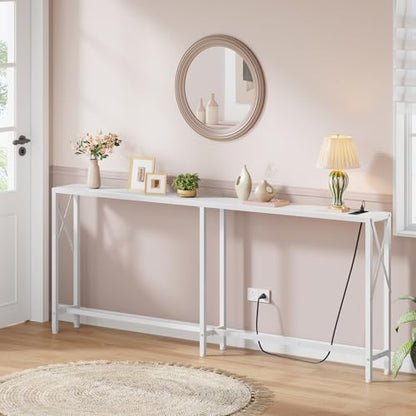 Gewudraw 70" Sofa Table Behind Couch with Socket-Narrow Console Table,White | Industrial Style, Long Skinny Design,Couch Table For Hallway,Living Room,Bedroom, Built-In Power Outlets & USB, 172cm Length - color: White, size: 70 in