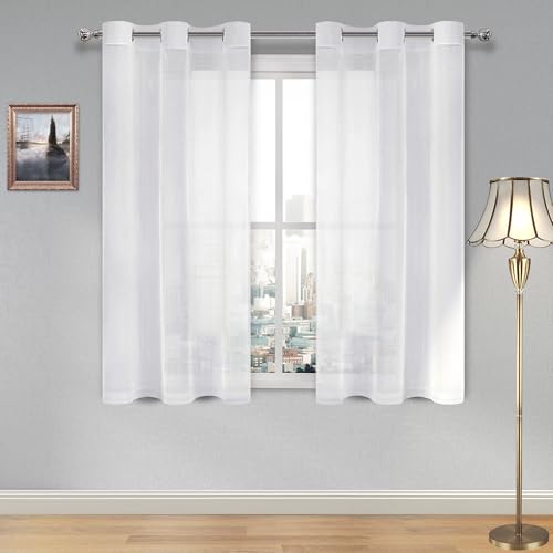 DWCN White Sheer Curtains, Grommet Top Faux Linen Look Voile Semi Transparent Solid Window Sheer Curtains Drapes for Bedroom Living Room, Set of 2 Panels 42 x 54 Inch Long, White - color: White, size: 42"W x 54"L (Pack of 2)