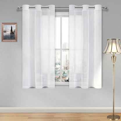 DWCN White Sheer Curtains, Grommet Top Faux Linen Look Voile Semi Transparent Solid Window Sheer Curtains Drapes for Bedroom Living Room, Set of 2 Panels 42 x 54 Inch Long, White - color: White, size: 42"W x 54"L (Pack of 2)