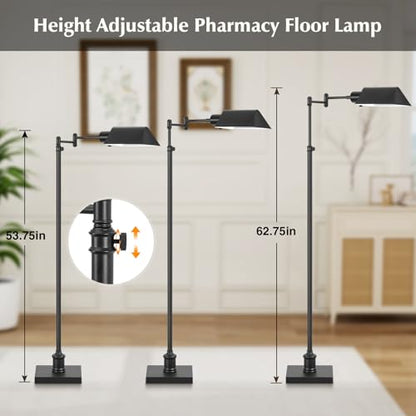 Traditional Height Adjustable Pharmacy Floor Lamp with 350° Swing Arm, Color Temperature Adjustable Standing Lamp Metal Shade for Living Room Reading House Bedroom Home Office(Black) - color: Black