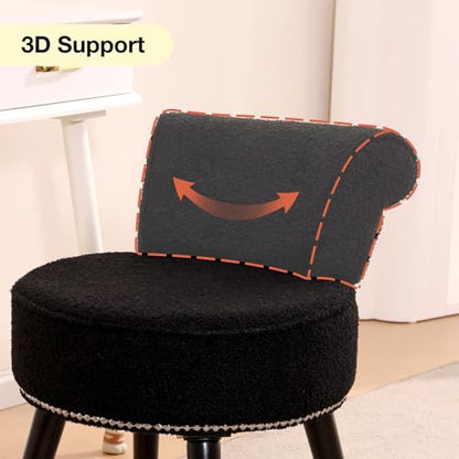 Vanity Chair with Back, Sherpa Stool with Tufted Backrest & Sliver Nailhead Trim, Round Vanity Seat for Bedroom and Bathroom Makeup, Support 220lbs, Easy Assembly (Teddy Black) - color: Sherpa Black