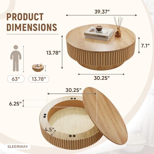 39.37'' Round Coffee Table with Storage, Modern Wooden Fluted Circle Coffee Table Oak Unique Drum Center Table Wood Circular Tea Table for Living Room, Office, Small Apartment, Natural Wood - color: Storage Natural Wood, size: 39.37 inch