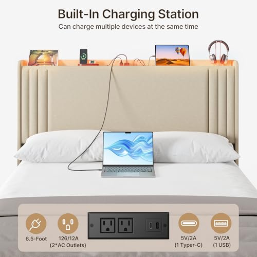 Gizoon Queen Bed Frame with Charging Station and LED Lights | Upholstered Wingback Platform Bed with Padded Headboard,Wooden Slats,Noise-Free,No Box Spring Needed, Easy Assembly,Beige - color: Beige+led, size: Queen