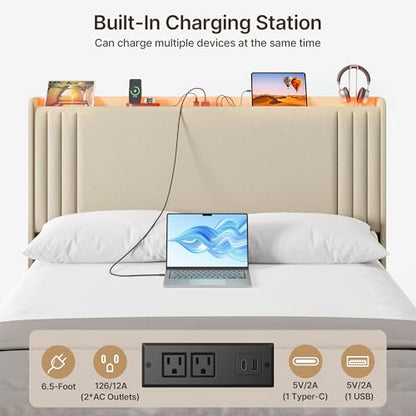 Gizoon Queen Bed Frame with Charging Station and LED Lights | Upholstered Wingback Platform Bed with Padded Headboard,Wooden Slats,Noise-Free,No Box Spring Needed, Easy Assembly,Beige - color: Beige+led, size: Queen