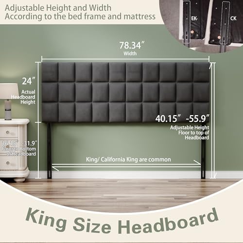 Velvet Upholstered Tufted King Size Headboard,Wood Head Board with Metal Legs, Adjustable Height from 42” to 56”, Bed Headboard in Modern Design,Backboard for Bed, Dark Gray - color: Dark Gray, size: King