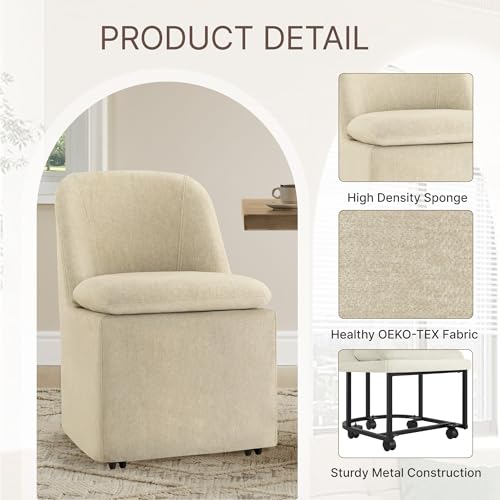 KISLOT Upholstered Dining Chairs with Casters, Washable Cover Modern Dining Room Chairs with Thick Cushion & Sturdy Metal Frame for Kitchen, Living Room, Dressing Room, Sand Fabric, Set of 4 - color: Sand, size: set of 4(2 BOX)