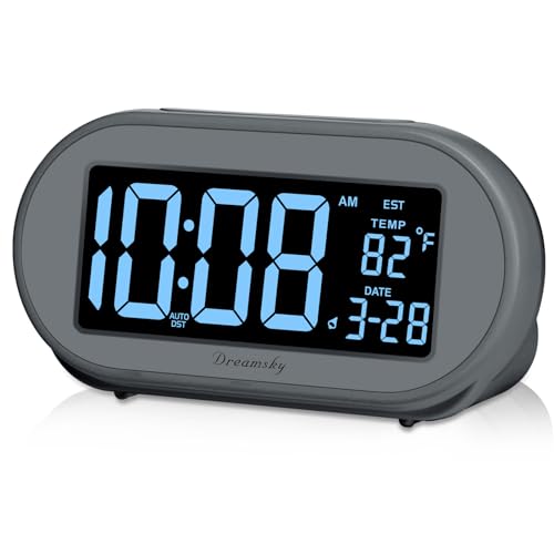 DreamSky Alarm Clocks for Bedrooms, Auto Set Digital Clock with Date & Temp | Electric Desk Clock with Dimmable Brightness Dimmer for Bedside Nightstand, Auto DST, USB Port, Temperature, Snooze - color: Gray