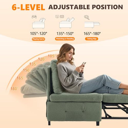 VINGLI Convertible Sofa Bed Tufted Teddy Fleece Sleeper Chair Bed Couch Armless Living Room Chairs with Adjustable Backrest Pull Out Couch Bed for Small Spaces - color: Light Green