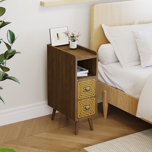 Nightstands Set of 2,Night Stand Bed Side Table with Storage Space,Wooden Bedside Table with Open Shelf,2 Drawers,End Table with Solid Wood Feet for Bedroom,College Dorm,Entryway (Walnut) - color: Walnut